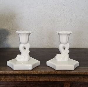 Westmoreland Vintage Milk Glass 4" Dolphin Koi Fish Candlestick Holders Set Of 2